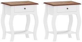 Conjunto de 2 Mesas de Cabeceira com Gaveta Estante Aberto e Bancada Efeito Carvalho Estilo Francês 45x35x55 cm Branco e Carvalho