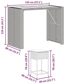 7 pcs conjunto de bar p/ jardim c/ almofadões vime PE cinzento