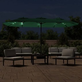 Guarda-sol de jardim c/ cabeça dupla/luzes LED 449x245 cm verde