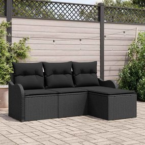 Conjunto de Sofá de Jardim vidaXL de 4 Peças com Almofadas Preto Rattan Poliéster