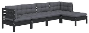 5 pcs conjunto lounge de jardim c/ almofadões pinho preto