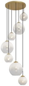Candeeiro suspenso Hotel Chic latão com vidro branco redondo 7 luzes - Misty Chique de hotel