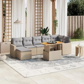 8 pcs conj. sofás jardim c/ almofadões vime PE bege misturado