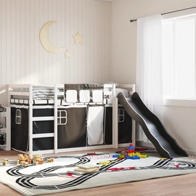 vidaXL Beliche com escorrega e cortinas 90x190 cm branco e preto