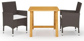 3 pcs conjunto de jantar para jardim com almofadões castanho