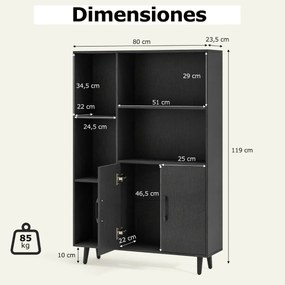 Estante com portas duplas 80 x 23,5 x 119 cm com 5 compartimentos abertos Preto