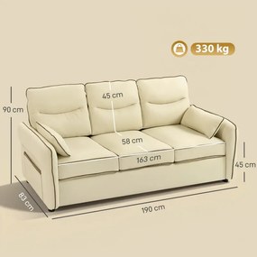 Sofá de 3 Lugares Sofá de Sala Moderno 190x85x80 cm Estofado em Couro Sintético com Bolso Lateral e 2 Almofadas Bege