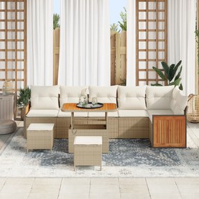 Conjunto de Sofá para Jardim vidaXL de 9 Peças com Almofadas Bege Vime Poli Rattan Acácia