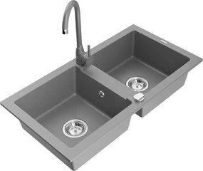 Mexen Mario lava-loiça em granito de 2 cubas com torneira de cozinha Telma, cinza - 6504-71-670200-71