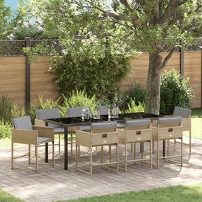vidaXL Conjunto de Jantar de Jardim com 9 Peças e Almofadas em Vime Poliéster Bege
