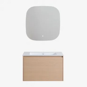 Conjunto De Móvel De Casa De Banho Suspenso 80x50 Cm Em Madeira Com Lavatório Integrado Jacob Madeira Natural & Quadrado Led - Sklum