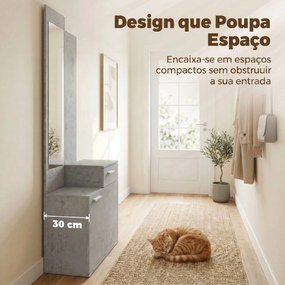 Móvel de Entrada com Espelho Sapateira Basculante Assento Gaveta e Compartimento Aberto 61x30x170 cm Cinza