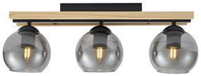 Plafon moderno preto com madeira e vidro fumado 3-luzes - Aleks Moderno