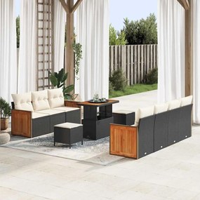 Conjunto de Sofá de Jardim vidaXL de 10 Peças com Almofadas Rattan Preto Acácia