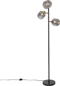 Candeeiro de pé preto com dourado e vidro fumê 3 luzes - Zuzanna