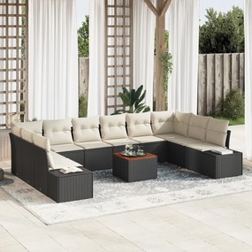 vidaXL Conjunto de Sofá de Jardim de 11 Peças com Almofadas Preto Rattan Poliéster Acácia