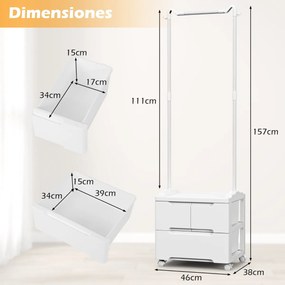 Armario Hall com cabides e gavetas com ganchos laterais e varão para pendurar Branco