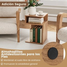 Mesa de cabeceira 33 x 33 x 50 cm em forma de S com 2 compartimentos abertos, castanho natural