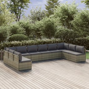 10 pcs conjunto lounge de jardim c/ almofadões vime PE cinzento