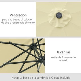Outsunny Chapéu de Sol com 32 Luzes LED Solares Ø265x233cm Chapéu de Sol Inclinável com Manivela e Mastro de Aço para Terraço Pátio Exterior Bege