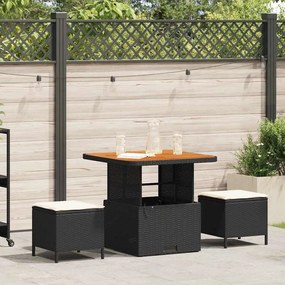 Conjunto de Jantar de Jardim com 3 Peças e Almofadas Preto em Rattan Sintético e Acácia