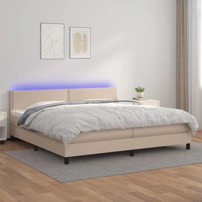 Cama box spring c/colchão/LED 200x200cm couro artif. cappuccino