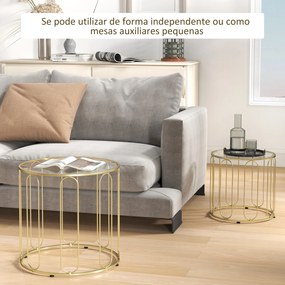 Mesas Auxiliares para Sala de Estar Redondas Conjunto de Mesas Laterais com Estrutura de Metal e Bancada de Vidro Mesas