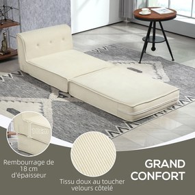 Sofá-Cama de Chão, 100 x 73 x 65 cm, Encosto Capitoné, Branco-Creme