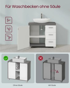 Armário para lavatório (NÃO INCLUIDO) 30 x 60 x 64 cm com 3 gavetas grandes e pés em branco e cinzento-cimento