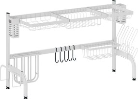 HOMCOM Escorredor de Louça de Aço de 2 Níveis com Prateleira para Pratos Suporte para Facas e Talheres 100x30x54,5 cm Branco | Aosom Portugal