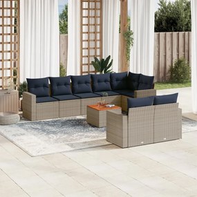 9 pcs conjunto sofás p/ jardim c/ almofadões vime PE cinzento