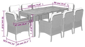 9 pcs conjunto de jantar p/ jardim c/ almofadões vime PE preto