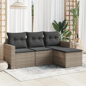 4 pcs conjunto sofás de jardim c/ almofadões vime PE cinzento