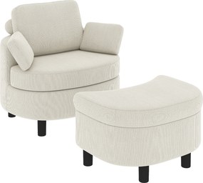 HOMCOM Poltrona com Puff com Armazenamento, Revestimento em Cotelê, Poltrona de Leitura Envolvente com Apoio de Cabeça Ajustável, Assento Largo, Creme branco | Aosom Portugal