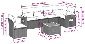 7 pcs conjunto sofás p/ jardim c/ almofadões vime PE cinzento
