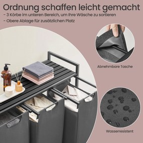 Cesto para roupa suja com 3 compartimentos e prateleira de 114 L, 92,5 x 33 x 72 cm preto + cinzento