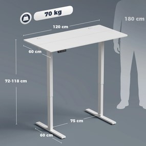 Secretária Elevatória com Memória, Altura Regulável, 2 Passa-Cabos e Ecrã LED, Branco
