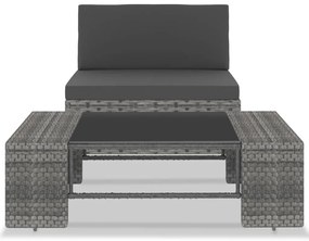 2 pcs conjunto lounge de jardim vime PE cinzento