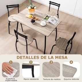 Conjunto de mesa de jantar de 5 peças para 4 pessoas Mesa de jantar retangular e 4 cadeiras sem braços com estrutura de metal natural