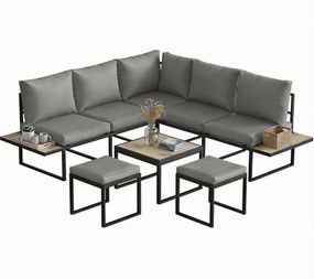 Conjunto de jardim para 6 pessoas, modular, com mesa baixa e extensões laterais em madeira PSPC e almofadas grossas de 10 cm, cinzentas