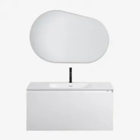 Conjunto De Móvel De Casa De Banho Suspenso Em Madeira Com Lavatório Integrado Macrae Branco & Oval Led E Anti-embaciamento 100x80 Cm Riben & Preto Ma