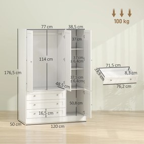 Guarda Roupa de Quarto, 120 x 50 x 176,5 cm, 4 Portas e 3 Gavetas, Branco