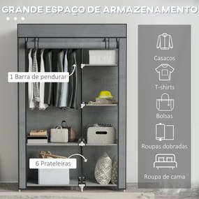 Guarda Roupa de Tecido Dobrável com 6 Prateleiras e 1 Barra de Pendurar para Dormitório Vestidor 103x43x162,5 cm Cinzento