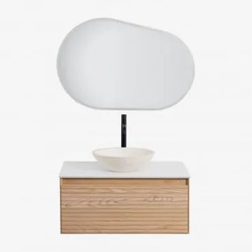 Conjunto De Móvel De Casa De Banho Em Madeira De Freixo Tedrik Castanho Fresno & Cimento Redondo Branco Ø40 Cm Zavion & Oval Led - Sklum
