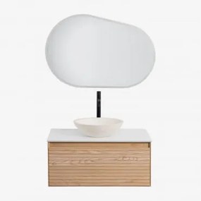Conjunto De Móvel De Casa De Banho Suspenso 80x50 Cm Em Madeira De Freixo Tedrik Castanho Fresno & Cimento Redondo Branco Ø40 Cm Zavion & Oval - Sklum