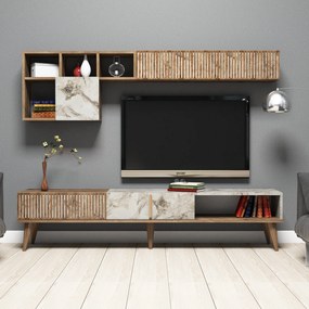 Móvel de TV Milan com Armário de Parede – Nogueira e Branco Mármore (1