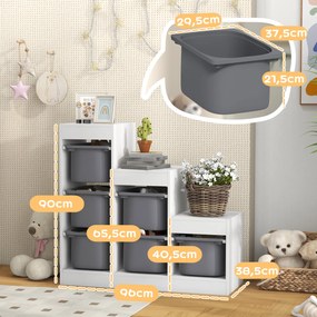 Móvel de arrumação para brinquedos infantis com 6 caixas removíveis, 3 níveis de arrumação, 96 x 38,5 x 90, branco, cinzento