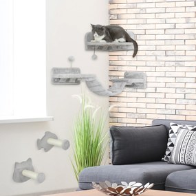 Conjunto de Prateleiras de Escalada para Gatos de 4 Peças com 2 Postes de Sisal e Plataforma para Saltar Cinzento
