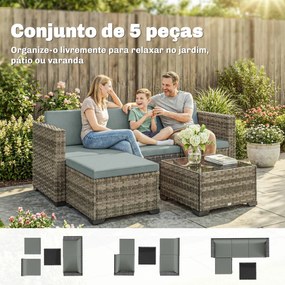 Conjunto de Jardim em Vime de 5 Peças Inclui Almofadas 2 Poltronas de Canto Poltrona sem Braços Apoia-Pés e Mesa de Centro Cinza Claro