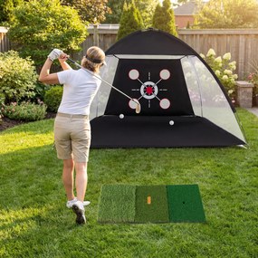 Rede de treino de golfe 314 x 199 cm, portátil, com tapete Tri-Turf, bolas, tee e saco de transporte dobrável para uso no interior e no exterior Preto